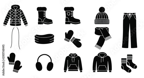Collection of casual winter clothing and accessories including sweaters, hats, gloves, and pants for cold weather wear