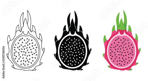 Colorful illustration of a dragon fruit with detailed interior and exterior in vibrant pink, black, and white styles