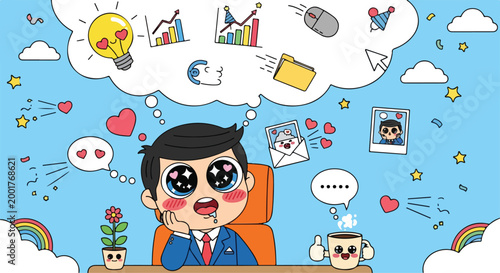 Cute cartoon character with large expressive eyes surrounded by social media icons and communication symbols