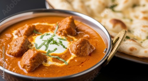 Delicious chicken curry in a bowl with naan bread