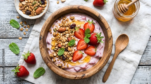Healthy breakfast flat lay of a wooden bowl with strawberry yogurt, granola, fresh berries, nuts, and honey on a rustic white wooden background
