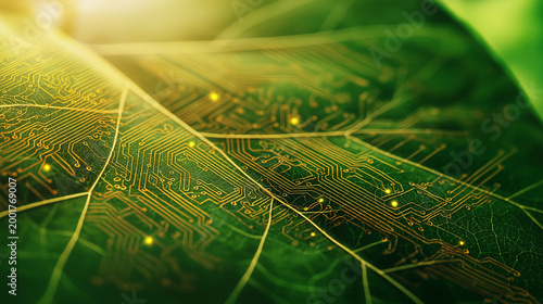 Green leaf surface with circuit board veins and glowing data nodes, symbolizing nature fused with digital technology, sustainable innovation and bio digital ecosystems