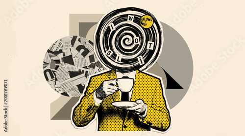 Surreal collage of a yellow-suited figure wearing a spiral mask among geometric shapes and abstract patterns