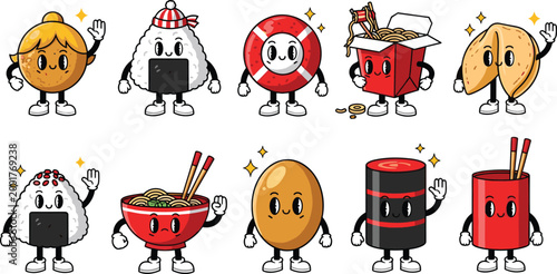 
Cute Kawaii Asian Food Characters Cartoon Mascot Set with Funny Faces Waving on Dark Background