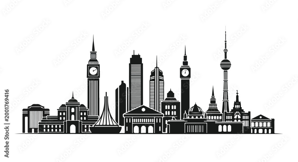Fototapeta premium Global City Skyline Landmark Vector Illustration Silhouette Design