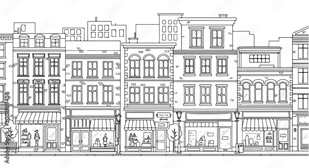 Obraz premium Urban City Street Vector Illustration With Shops And Buildings Outline