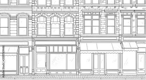 Vintage Storefront Building Facade Vector Illustration Line Art