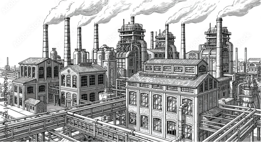 Fototapeta premium Industrial Factory Complex Illustration Hand Drawn Engraving Vector