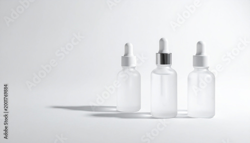 Three Frosted Glass Dropper Bottles on White Background