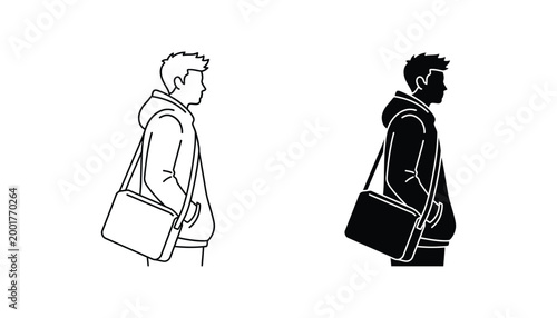 Casual man walking with messenger bag icon set in side view profile for urban lifestyle and commuter concept illustrations in outline and solid black styles