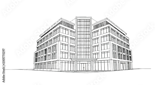 Modern Office Building Architecture Vector Illustration Line Art Sketch