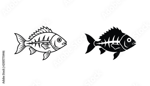 Fish anatomy or skeleton icon in outline and solid black vector style for aquaculture or biology education and commercial seafood branding