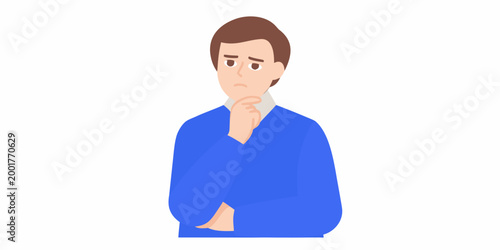 man with brown hair in blue sweater thinking pose