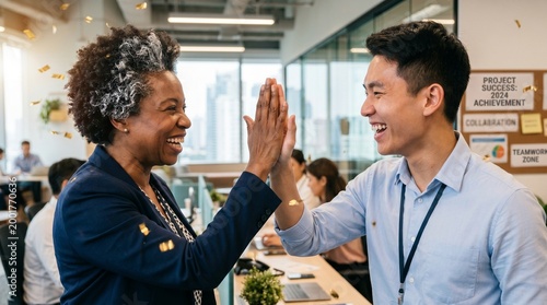 two happy friendly diverse professionals, teacher and student giving high five, smiling, modern casual office style, natural poses, soft daylight, instagram style photography, candid moment, clean com
