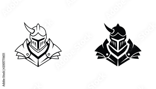 Knight in armored helmet with horn vector icon set in outline and solid black silhouette styles for gaming and fantasy medieval character design