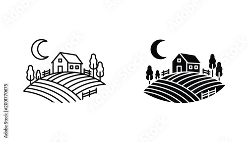 Rustic farm landscape at night vector illustration with a charming farmhouse rolling fields and crescent moon evoking tranquility
