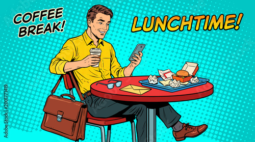 Pop art style illustration of a businessman on coffee break and lunchtime at a desk, with a bright dotted background in a retro comic office scene.