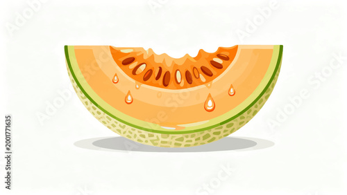 A clean digital illustration of a cantaloupe slice showing vibrant orange flesh, brown seeds, and a textured green rind against a plain white background with a soft shadow.