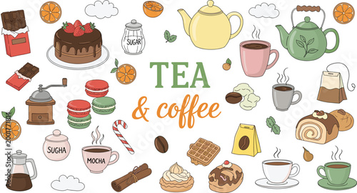 Colorful Coffee and Tea Cups Collection Vector Set with Various Mugs Takeaway and Cake on White Background