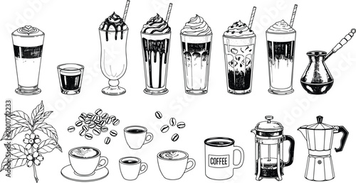 Black and White Hand Drawn Coffee Drinks and Brewing Equipment Collection Vector Set with Plant and Beans on White Background