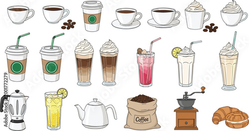 Colorful Coffee Shop Drinks and Equipment Collection Vector Set with Cups Frappe Lemonade and Brewing Tools on White Background