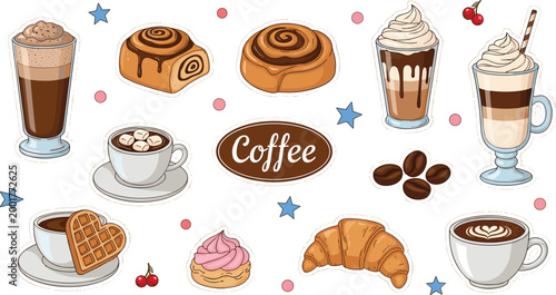 
Colorful Coffee and Bakery Sticker Collection Vector Set with Pastry Drinks and Sweets on White Background