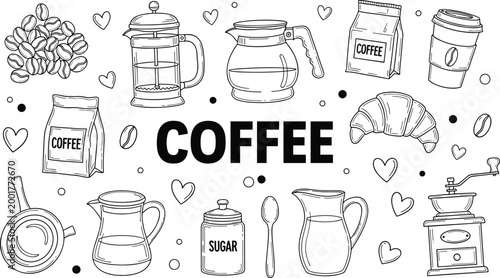 Black and White Hand Drawn Coffee Elements Collection Vector Set with Brewing Tools and Accessories on White Background