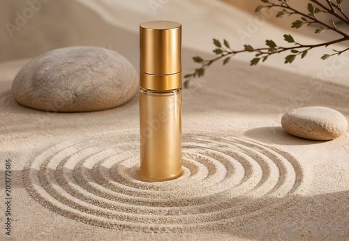 Sophisticated Serum Bottle Presentation in Sculpted Sand for Premium Beauty Marketing