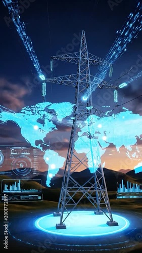 A tall metal structure with electrical components against a colorful sky at dusk, representing energy and power distribution
