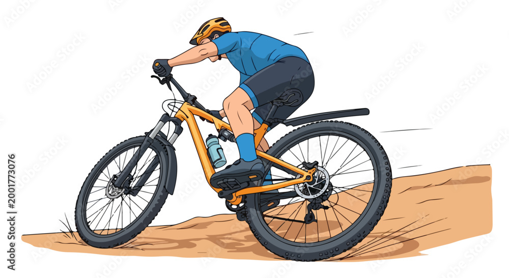Naklejka premium A mountain biker in a blue shirt and black shorts riding an orange bike on a dirt trail with a white background.