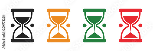 Four Hourglass Designs with Different Colors and Sand Levels, Time Passing Concept Vector Illustration, Countdown, Deadline, Progress and Waiting Symbol Set for Business and Productivity