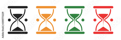 Four Hourglass Designs with Different Colors and Sand Levels, Time Passing Concept Vector Illustration, Countdown, Deadline, Progress and Waiting Symbol Set for Business and Productivity