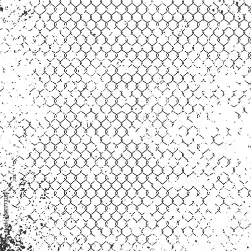 Grungy distressed chain link fence texture with scattered grunge elements, isolated on transparent background