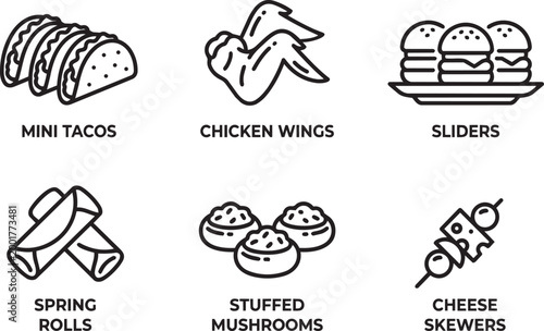 Party appetizer line icons with mini tacos chicken wings sliders spring rolls stuffed mushrooms cheese skewers for catering menu