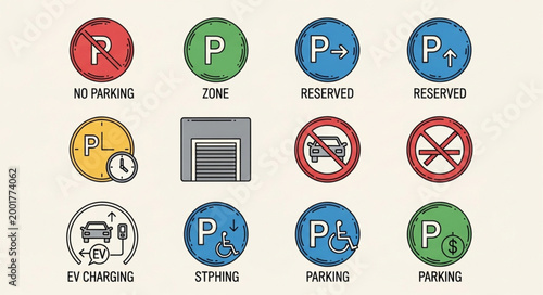 Collection of parking signs and symbols for various purposes.