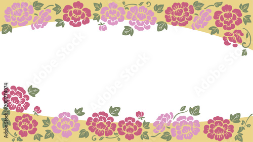 牡丹の和柄フレームベクター（16:9・背景透過）｜着物柄風フラットデザイン Japanese Peony Kimono Pattern Frame 16:9 Vector Banner