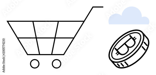 Cryptocurrency, digital wallets, e-commerce, blockchain payments, online shopping, financial innovation. Minimalist cart, Bitcoin coin and cloud icon. Cryptocurrency and digital wallets concept