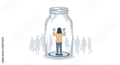 Lonely person trapped, isolated woman in jar, crowd outside, social anxiety concept, illustration