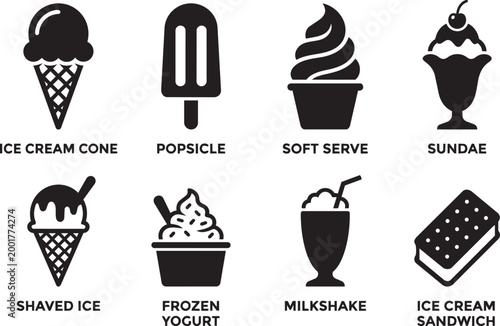 Frozen dessert silhouette icons with ice cream cone popsicle soft serve sundae shaved ice frozen yogurt milkshake ice cream sandwich for shop