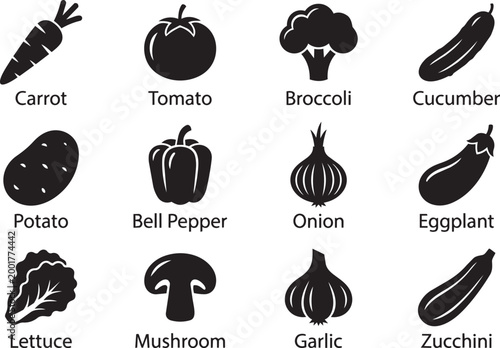 Vegetable silhouette icons with carrot tomato broccoli cucumber potato pepper onion eggplant lettuce mushroom garlic zucchini for nutrition guide