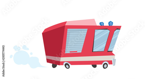 Vector stylized fire truck icon. Flat design funny cartoon fire engine with siren lights and exhaust smoke. Isolated emergency vehicle for mobile games, stickers, and kids animation.