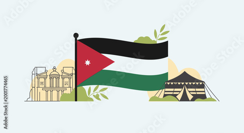 Jordanian Flag and Landmarks: Petra and Bedouin Tent - Middle East Travel