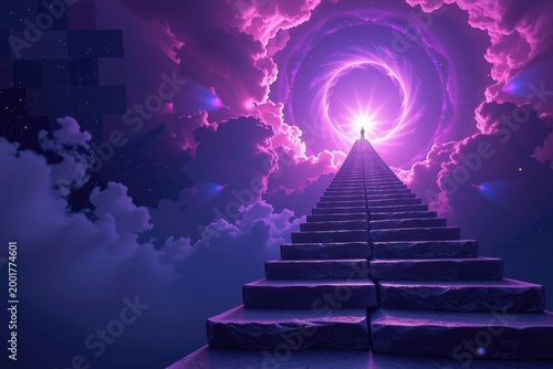 A staircase made of floating, flat stones winding infinitely upward into a vibrant purple nebula.