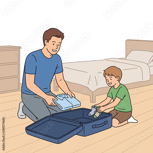 Father and son packing suitcase together for domestic travel