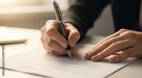 Close-up of a person signing a document with a pen, focus on hands and paper