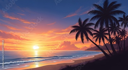 Tropical sunset paradise palm trees silhouetted against a vibrant ocean sunset