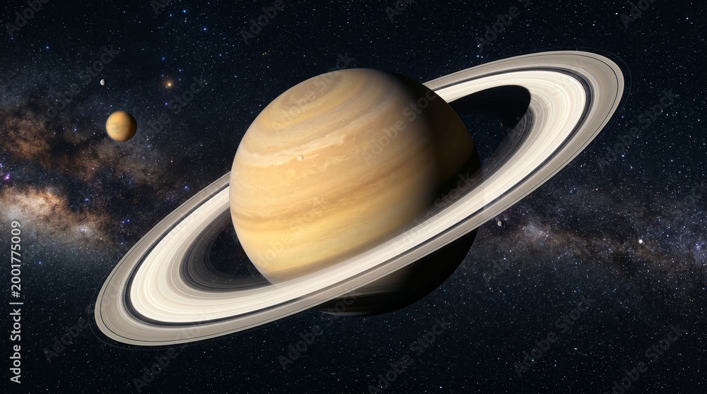 Naklejka premium A captivating digital illustration of the majestic ringed planet Saturn with its prominent icy rings and a companion moon, set against the mesmerizing expanse of stars and a glowing cosmic background