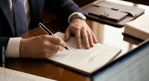 Lawyer signing contract, close-up of hands with pen on document, business concept