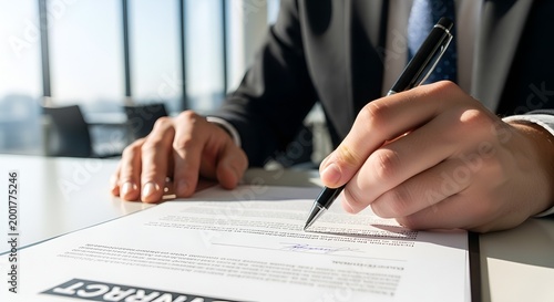 Businessperson signing a contract with a pen, close-up on hand and document.