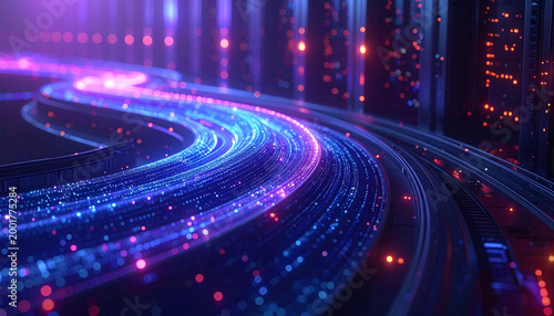 Digital Highway: Neon streaks of light symbolize the flow of data and information along a digital highway, highlighting the modern interconnectedness and technological advancements.
